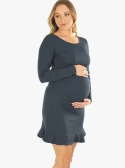 Alethea Teal Long Sleeve Maternity Frilled End Bodycon Dress