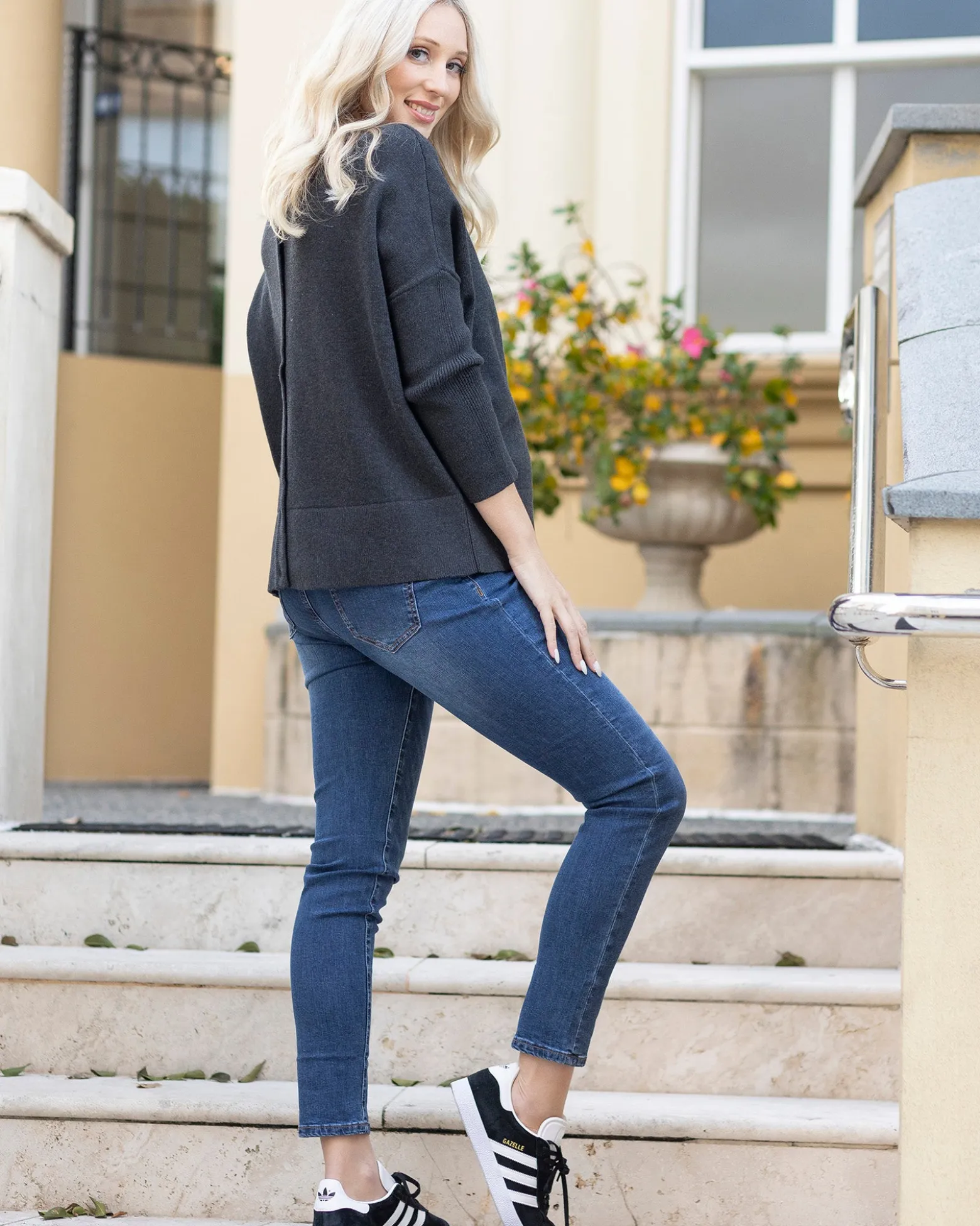 All in One Maternity Reversible Knit Sweater in Charcoal