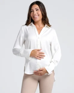 Amelia Elegant Satin-Finish White Maternity Work Shirt