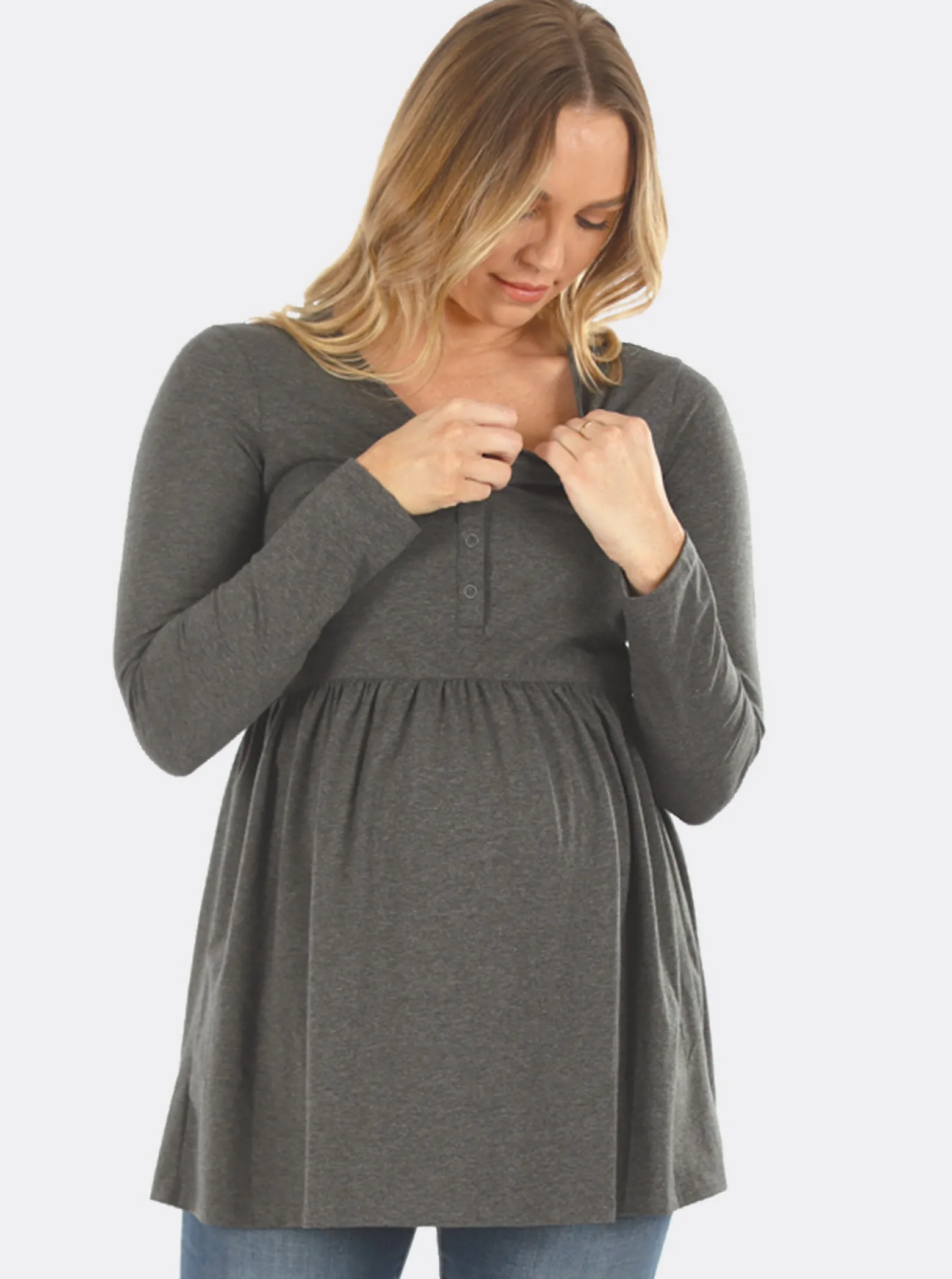 Baby Doll Long Sleeve Maternity & Nursing Top in Grey