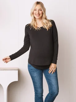 Bamboo Cotton Long Sleeve Maternity Top in Black