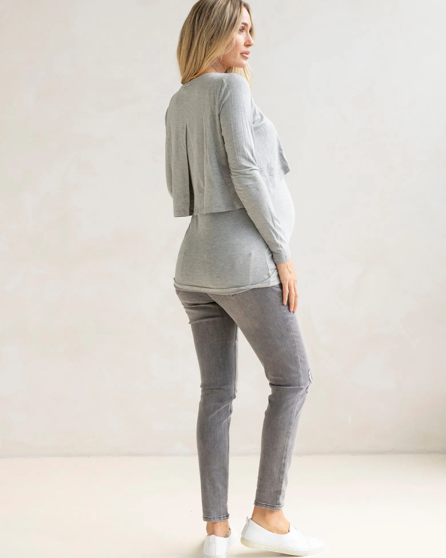 Bamboo Long Sleeve Maternity and Nursing Top - Grey Marl