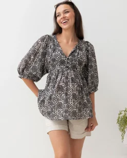 Black Daisy Print Cotton Tunic Top