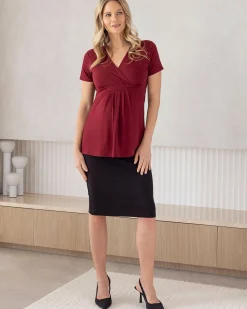 Bree Crossover Black Maternity Work Top in Burgundy