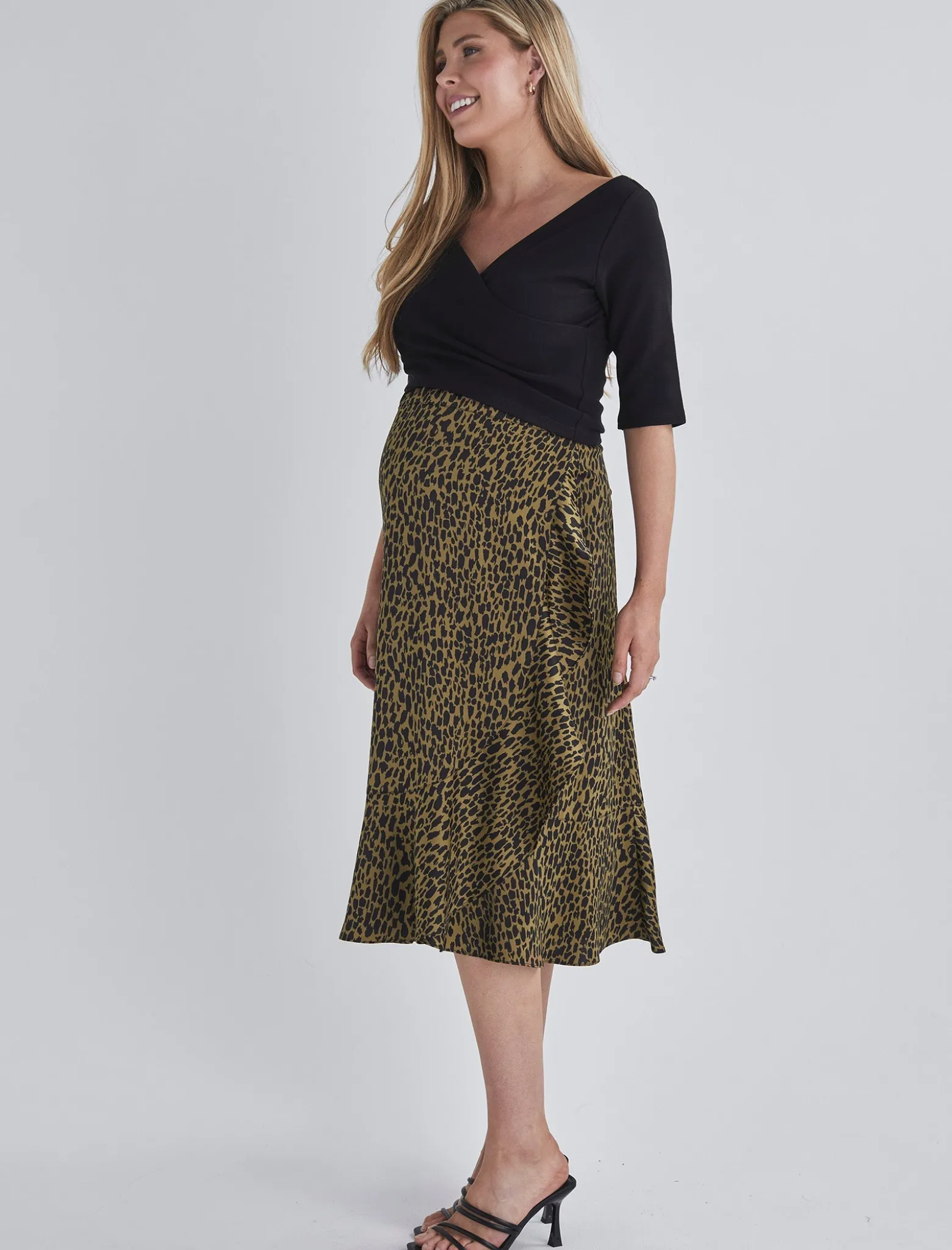 Christie Maternity Wrap Midi Skirt in Khaki Leopard Print