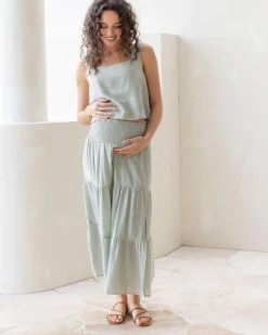 Ellie Maternity Shirred Maxi Skirt in Mint Green