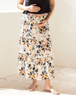 Ellie Maternity Shirred Maxi Skirt in Orange Leaf