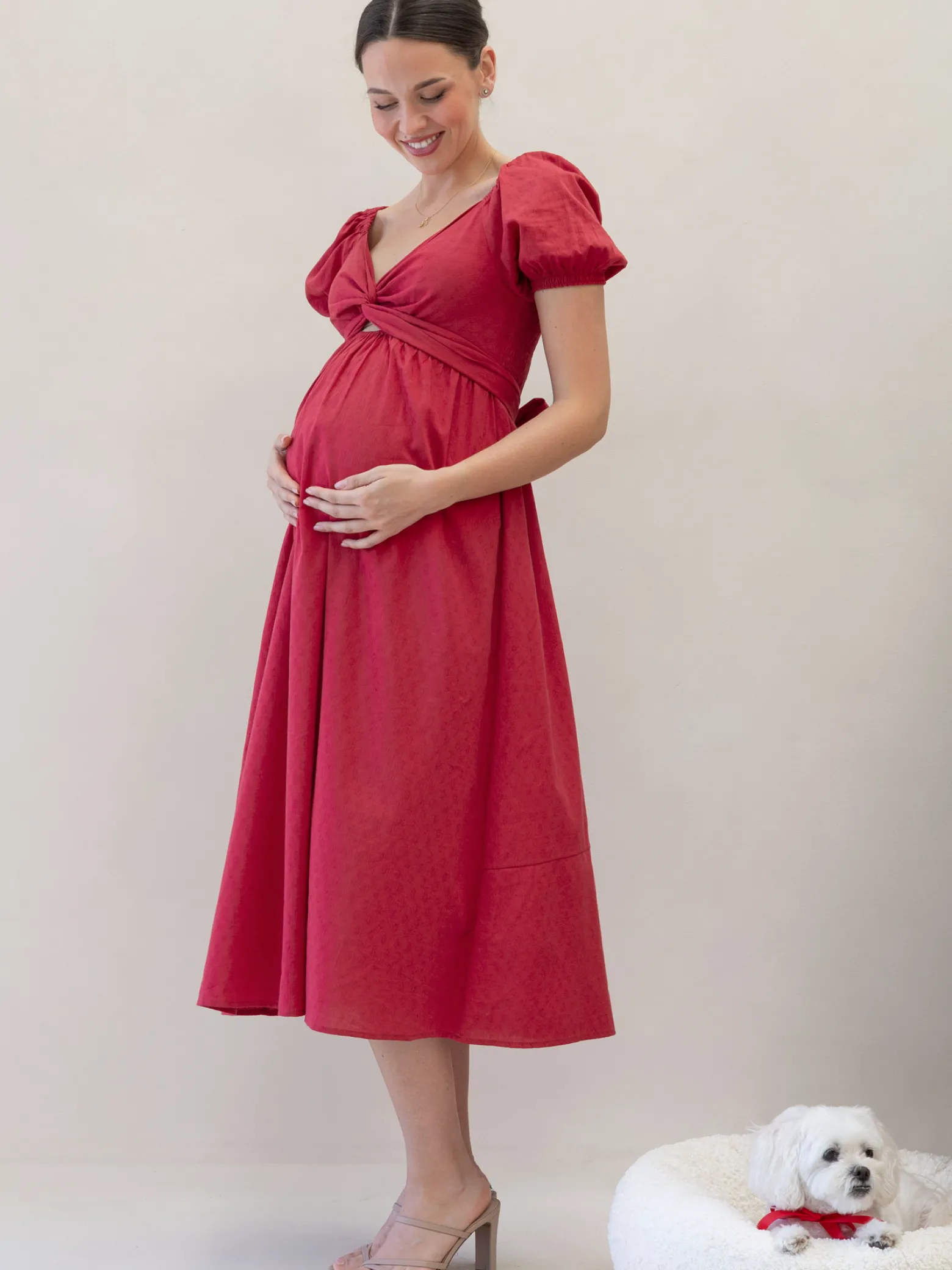 Fabia Reversible Tie Maternity Cotton Dress In Noel Red