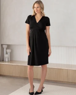 Iris Maternity Crossover Neckline Tie Back Jersey Work Dress in Black