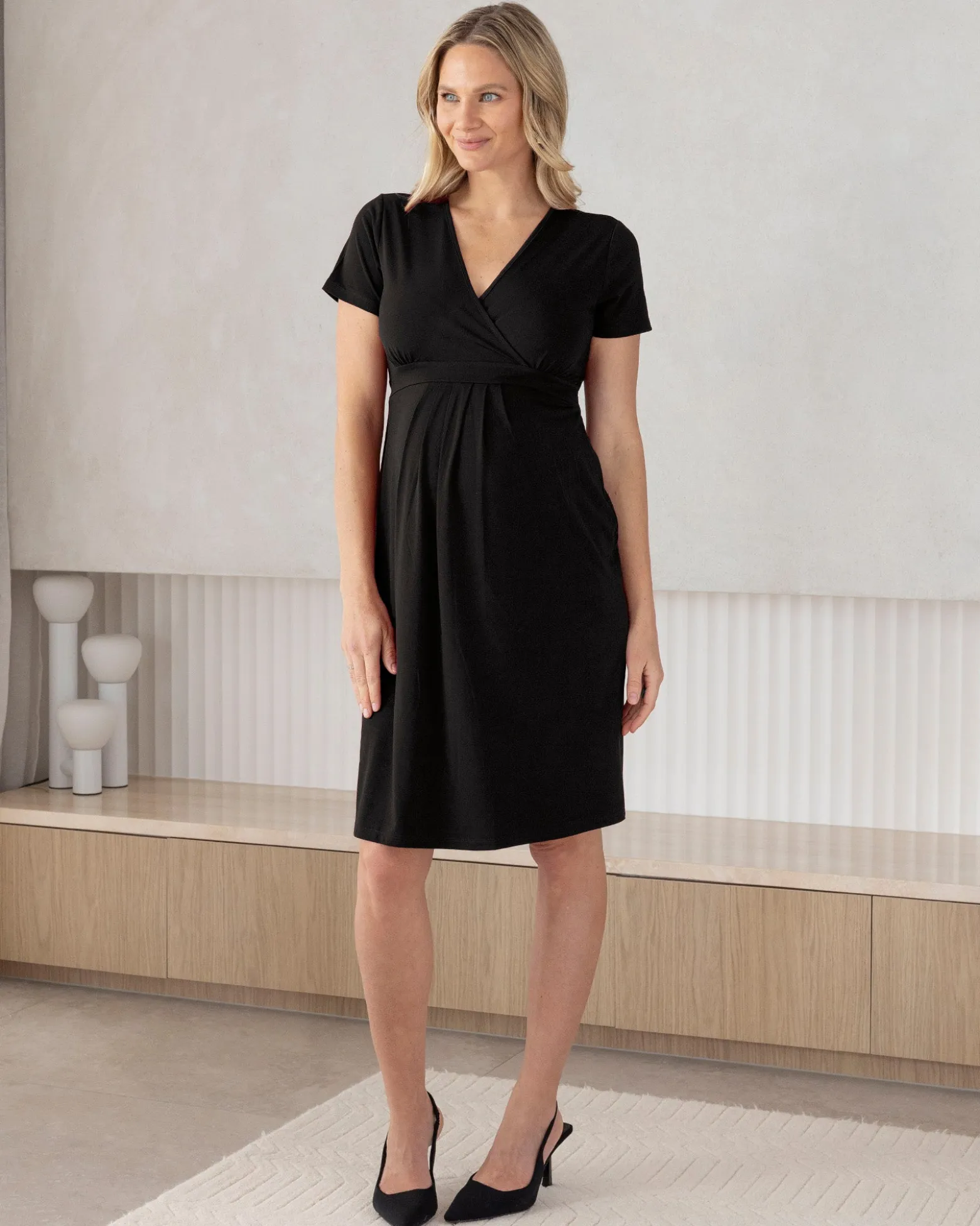 Iris Maternity Crossover Neckline Tie Back Jersey Work Dress in Black