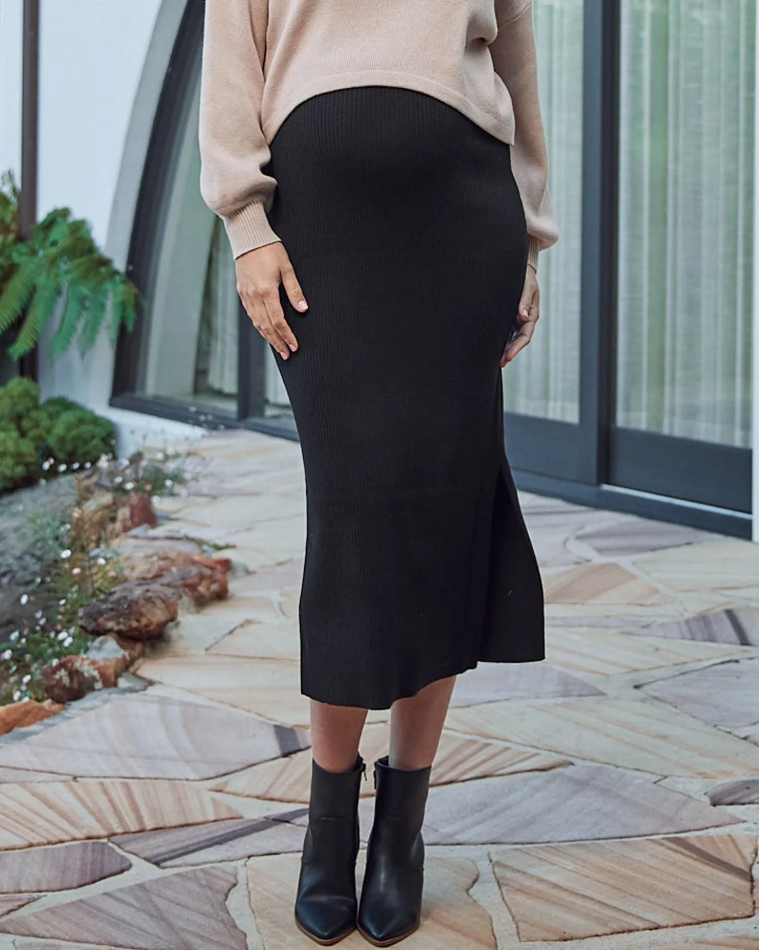 Jade Knitted Maternity Maxi Skirt with Side Split in Black