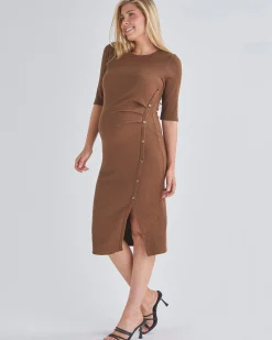 Juliet Maternity Bodycon Dress with Side Button Detail in Brown