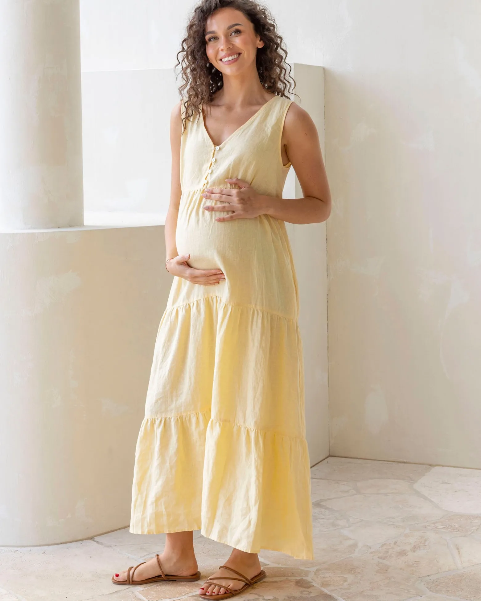 Kiara Linen Maternity Maxi Dress in Lemon