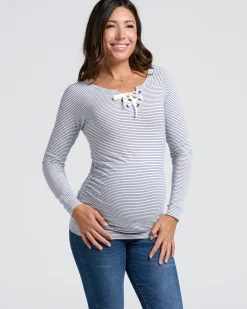 Long Sleeve Nursing Top - Navy & White Stripes