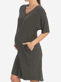 Mama Hospital Nightie, knee Length with Baby Pouch in Olive Green