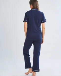 Maternity and Nursing Button Front Pajama Set in Navy
