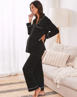 Maternity and Nursing Long Sleeve Pajama Set in Black