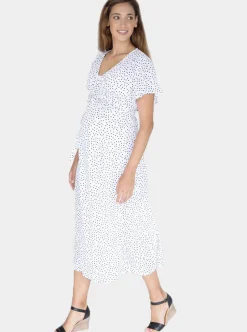 Maternity and Nursing Wrap Dress with Polka Dots in Midi Length