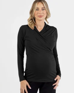 Maternity V-Neck Crossover Bamboo Long Sleeve Top in Black