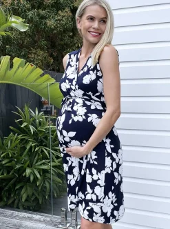 Maternity Wrap Dress in Navy & White Flowers