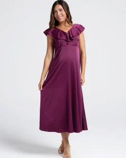 Mika Maternity Ruffle Silk Dress in Wine