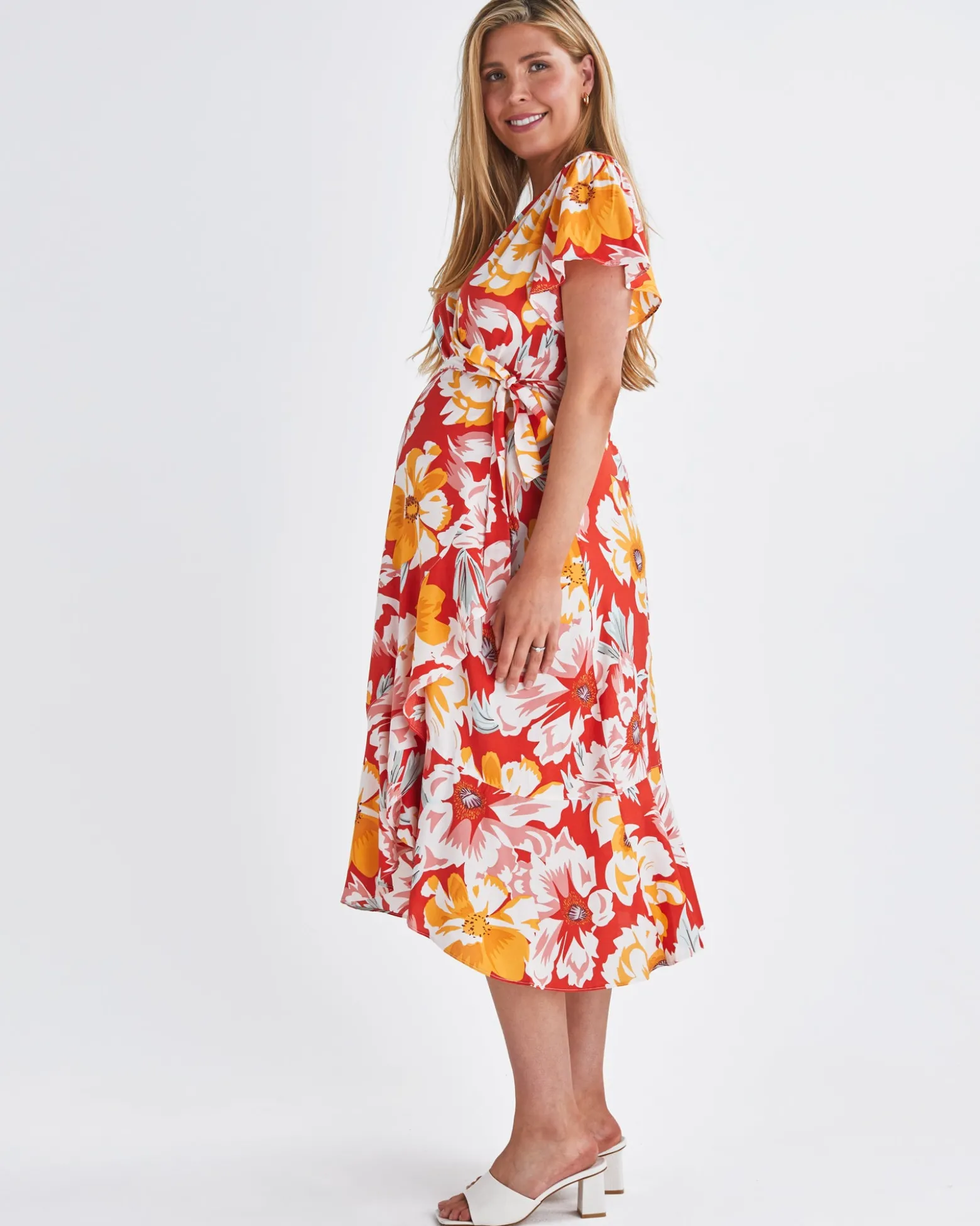 Molly Maternity Wrap Midi Dress In Red Flora