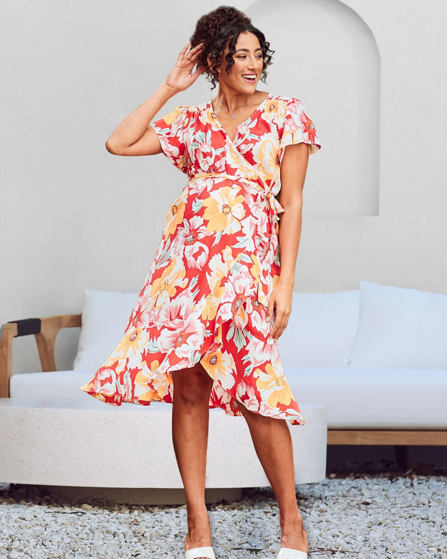 Molly Maternity Wrap Midi Dress In Red Flora