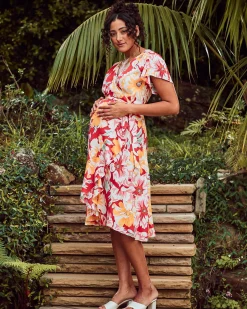 Molly Maternity Wrap Midi Dress In Red Flora