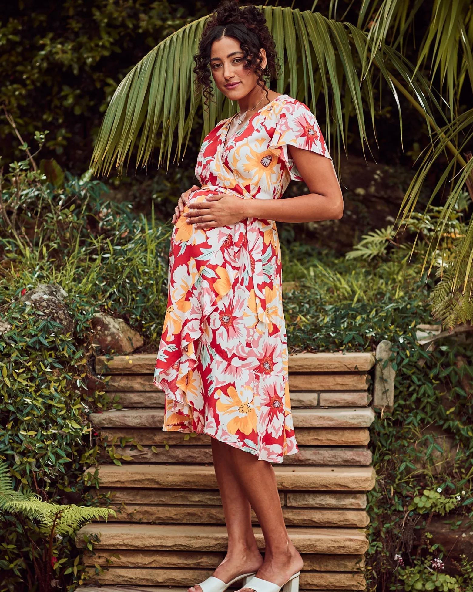 Molly Maternity Wrap Midi Dress In Red Flora