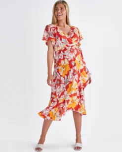 Molly Maternity Wrap Midi Dress In Red Flora
