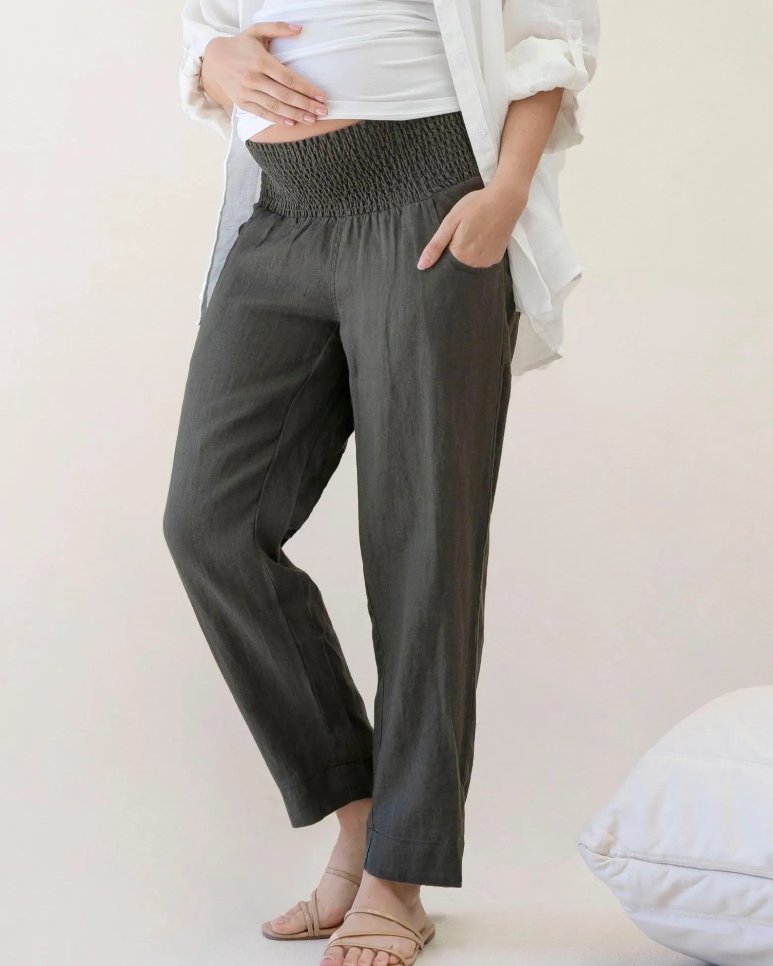Pamela Tapered Linen Maternity Pants in Khaki