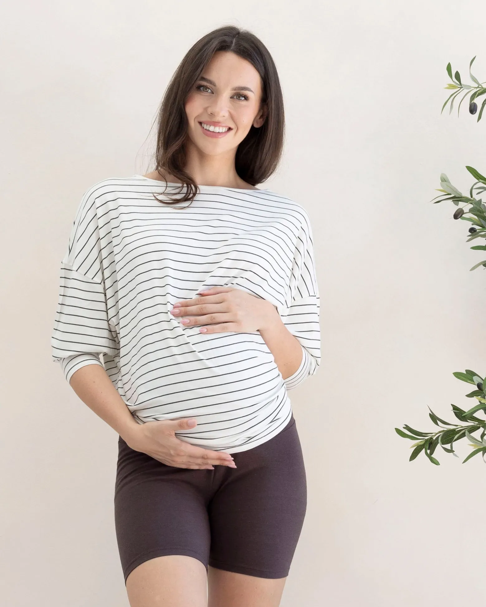 Reversible Maternity Long Sleeve-White/Olive Striped