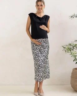 Satin Maternity Midi Skirt in Abstract Print