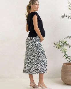 Satin Maternity Midi Skirt in Abstract Print