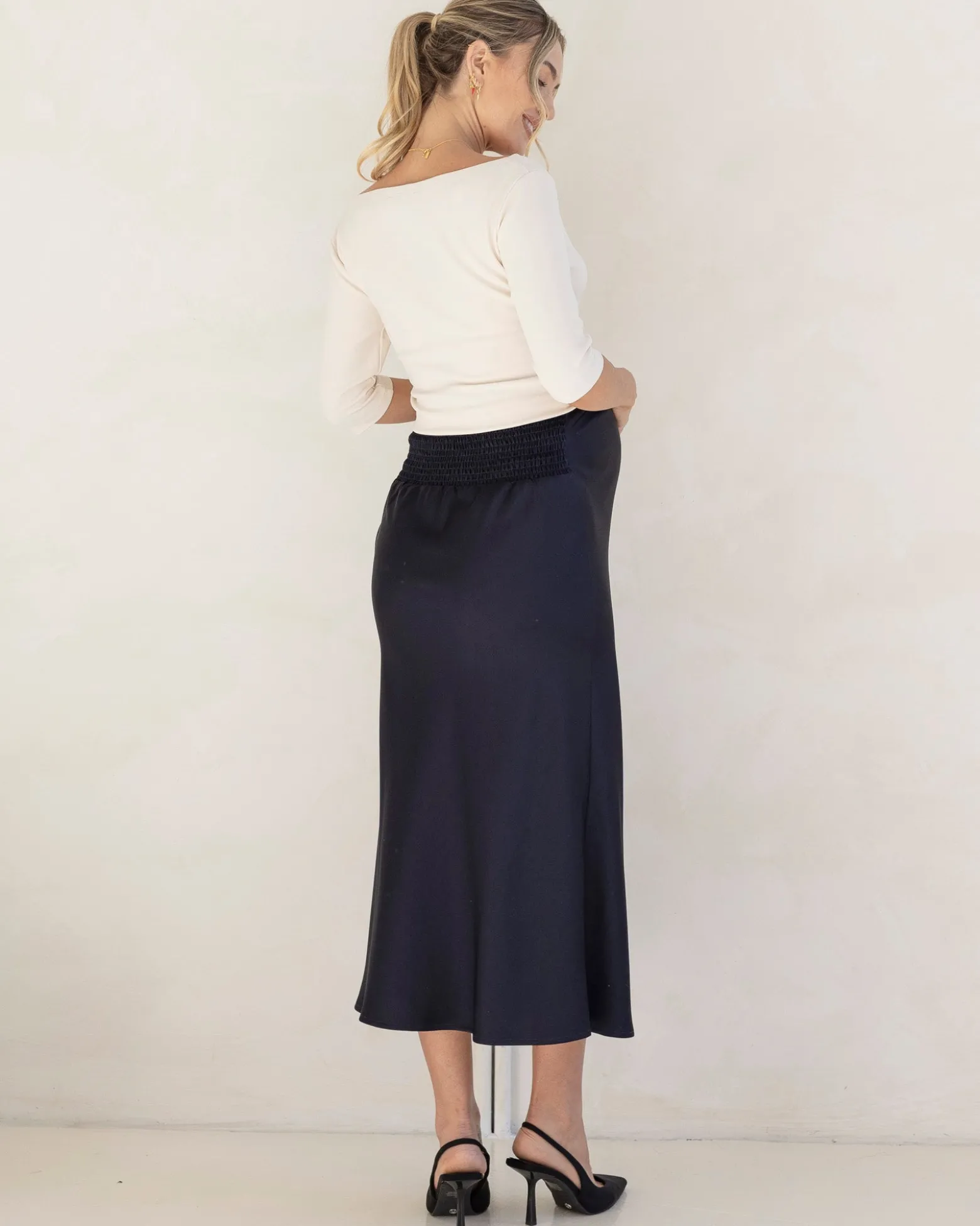 Sheena Maternity Satin-Finish Midi Work Skirt in Navy