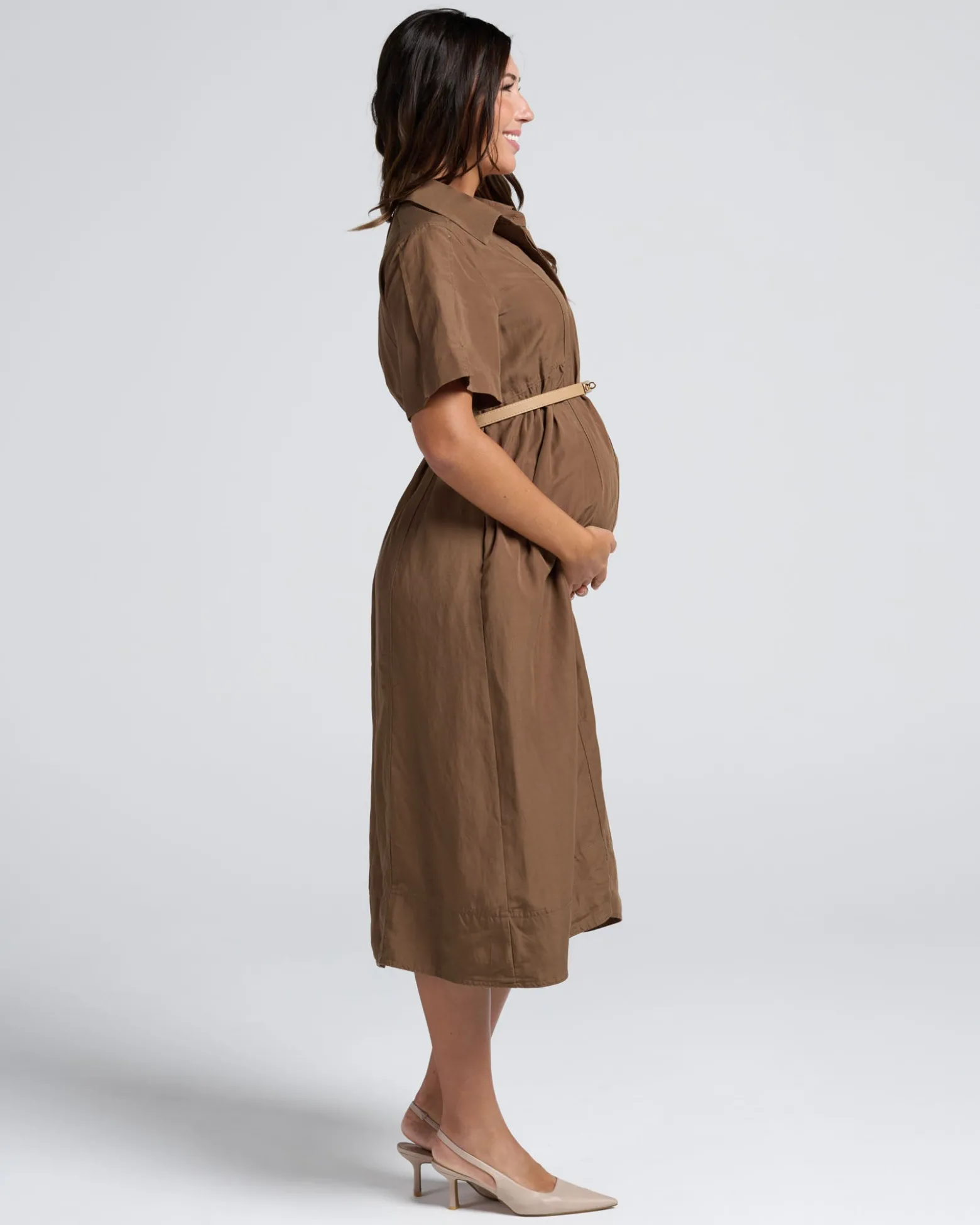 Sophia Maternity Belt Work Dress in Latte