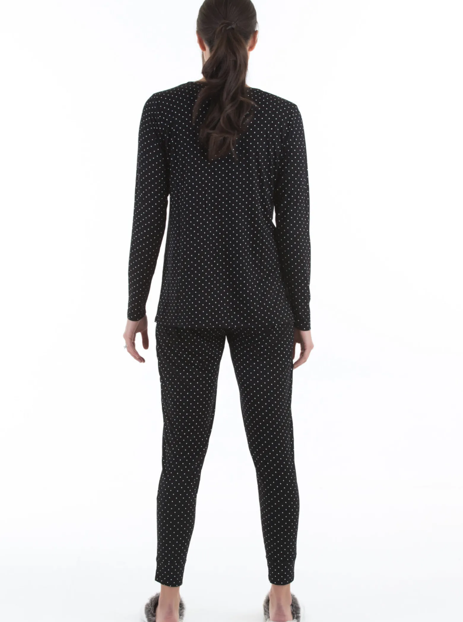 V-Neck Top and Pants Loungewear/Pajama Set - Black Polka Dot