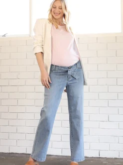 Wide Leg Maternity Jeans in Washed Blue
