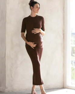 Zélie Wide Rib Maternity Midi Skirt in Chocolate